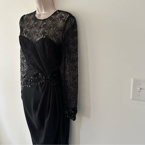 Vintage 90s glam black sheer lace illusion draped dress (eeee)